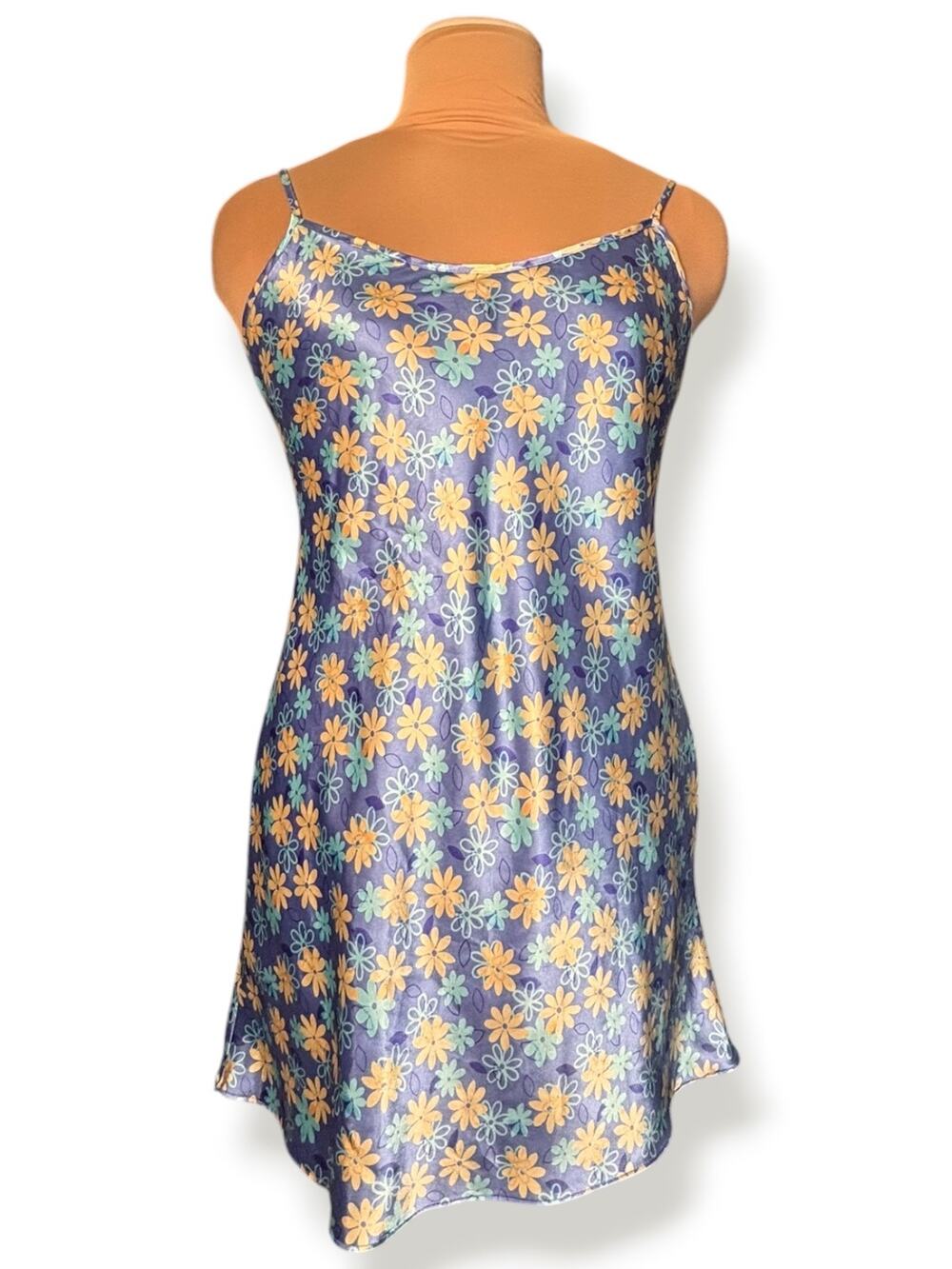 Floral Satin Mini Slip Dress Blue Yellow Daisy Print‎ Y2K 90s Fairycore Cottage